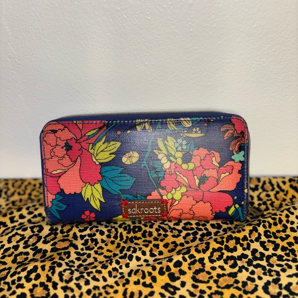 Sakroots Floral Zip Around Wallet in Navy with Coral, Yellow & Teal Accents